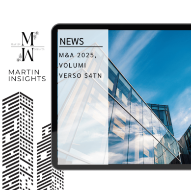 Edifici di vetro moderni con cielo blu, tablet che mostra il titolo M&A 2025 volumi verso $4tn, skyline urbano di MartinInsights